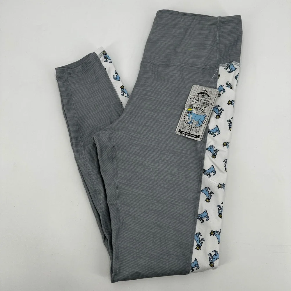 GOAT USA Womens Grey Heathered Athletic Leggings Mascot Large Yoga Fitness Sport